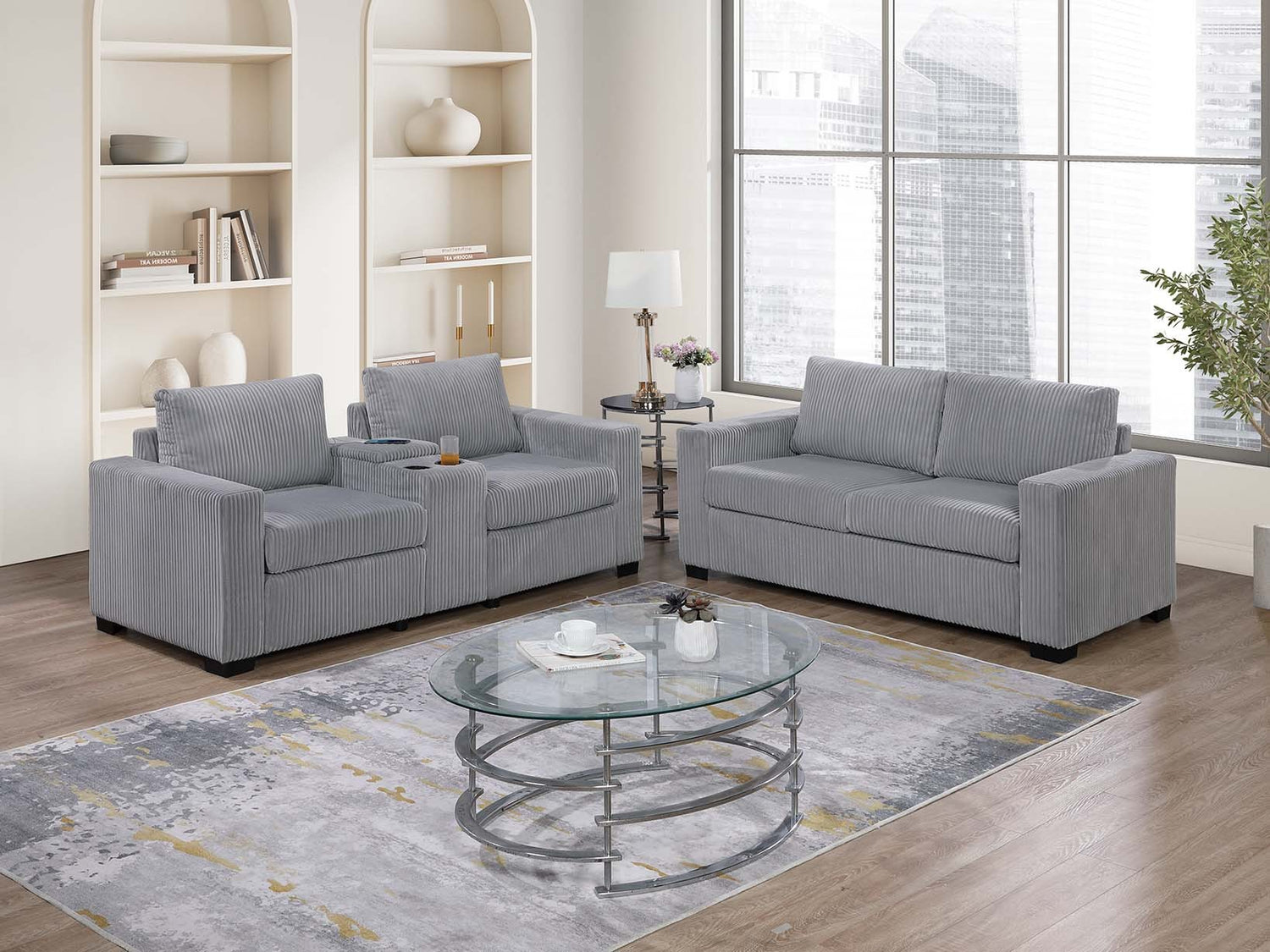 LGPF8460 Light Gray Corduroy Sofa Set With Charging Station and Cup Holders