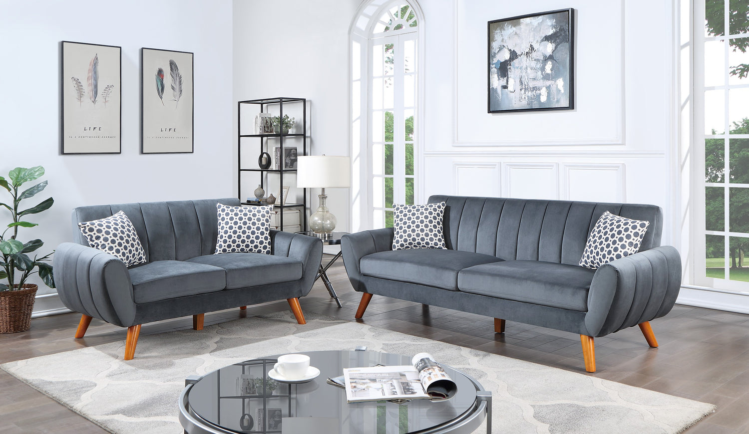 LGPF8873 Dark Gray Velvet Mid-Century Sofa Set