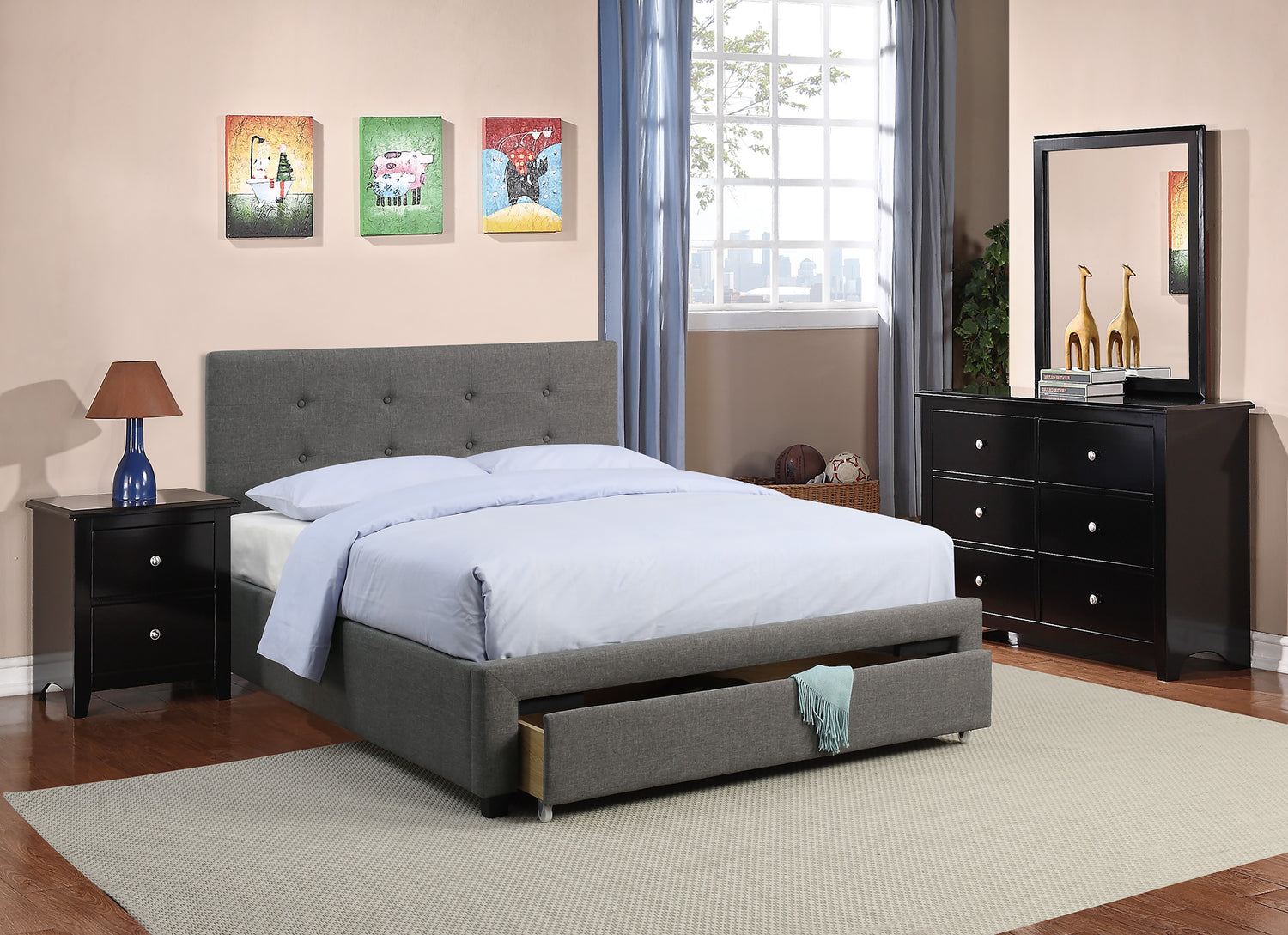 LGPF9330Q Queen Bed with Front Drawer in Gray Polyfiber Fabric