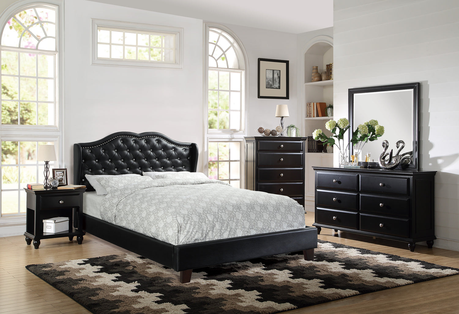 LGPF9368CK Black Rhinestones Buttoned Headboard Bed