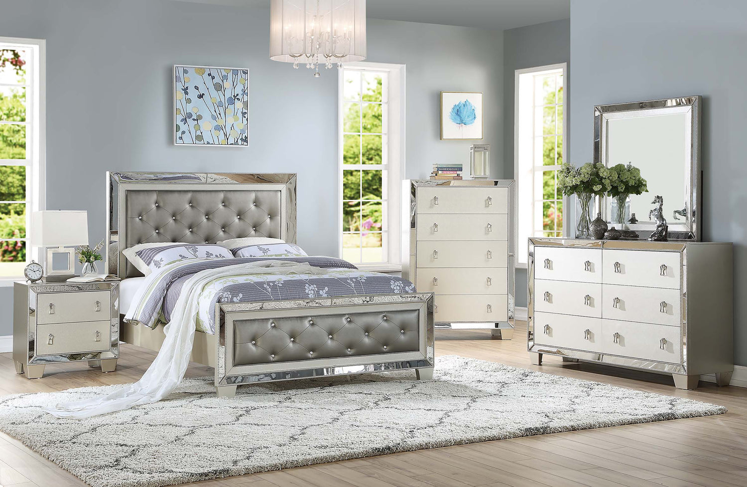 LGF9428CK Mirrored and Buttoned Headboard Silver Bed