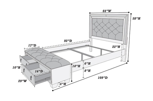 LGF9429CK Mirrored Silver Bed with Buttoned Headboard and Two Front Drawers