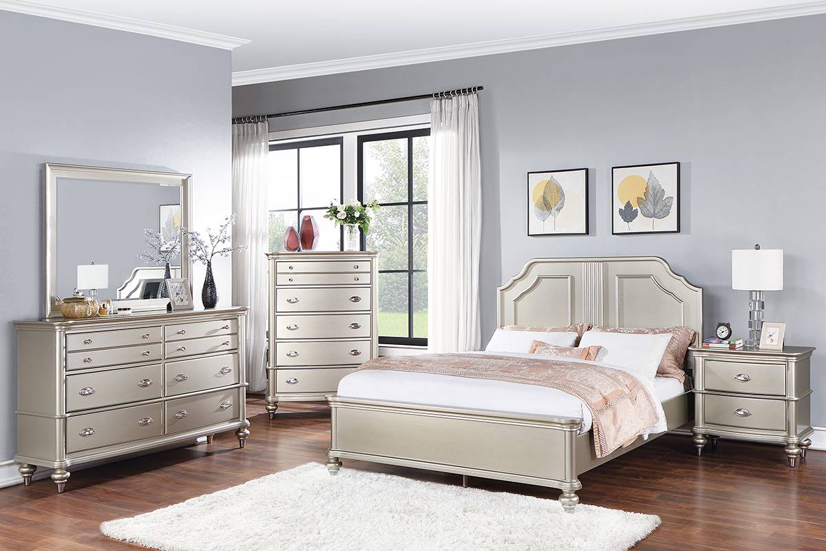 LGF9464CK Carved Headboard Bed in Satin Silver Color