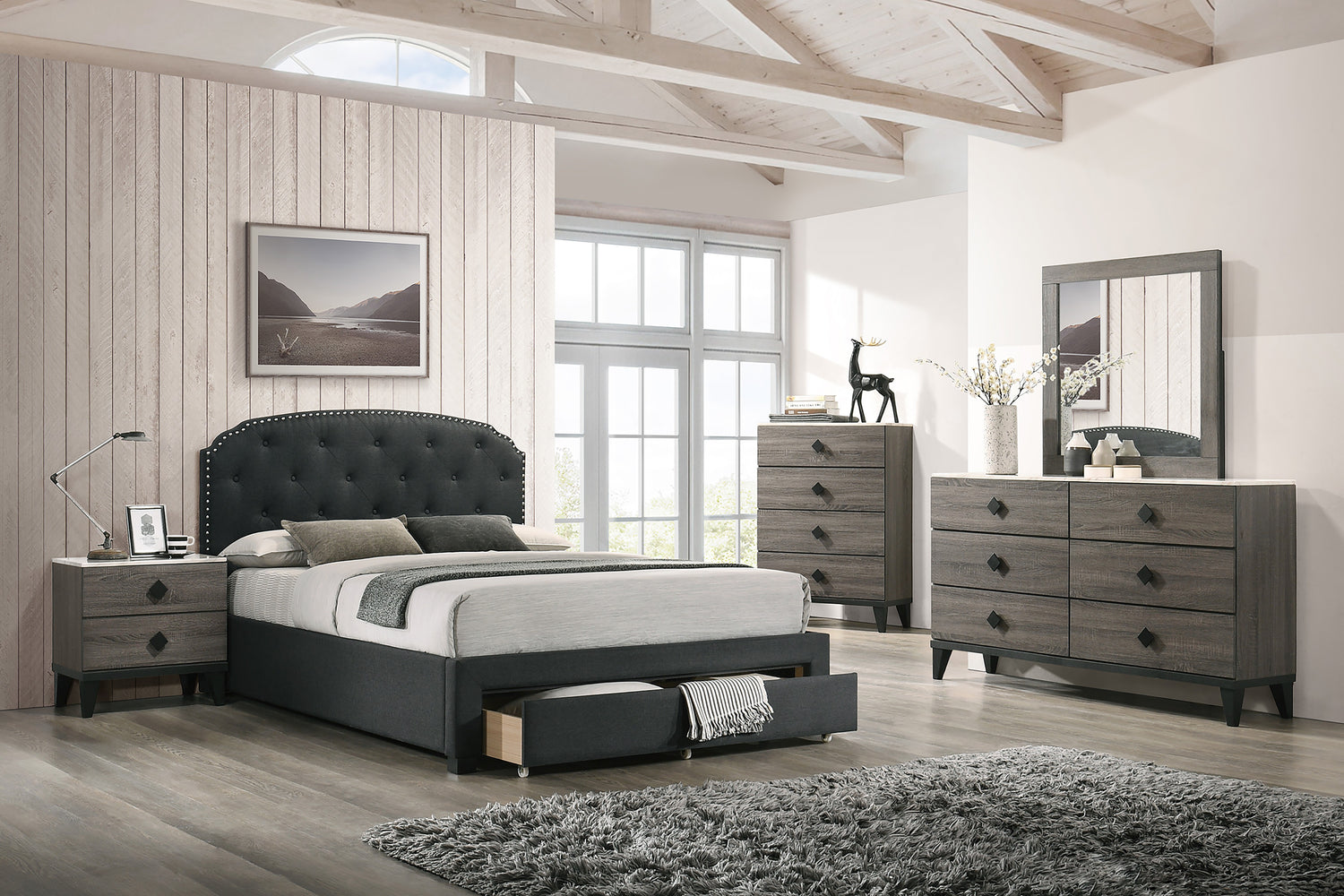 LGF9509EK Buttoned Tufted Headboard Bed With Front Drawer Available in Two Colors