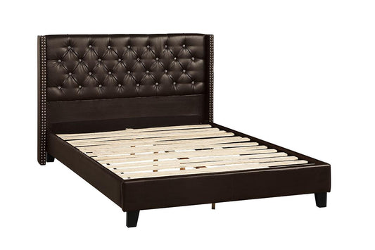 LGF9540Q Faux Expresso Brown Leather Button Tufted Headboard Bed