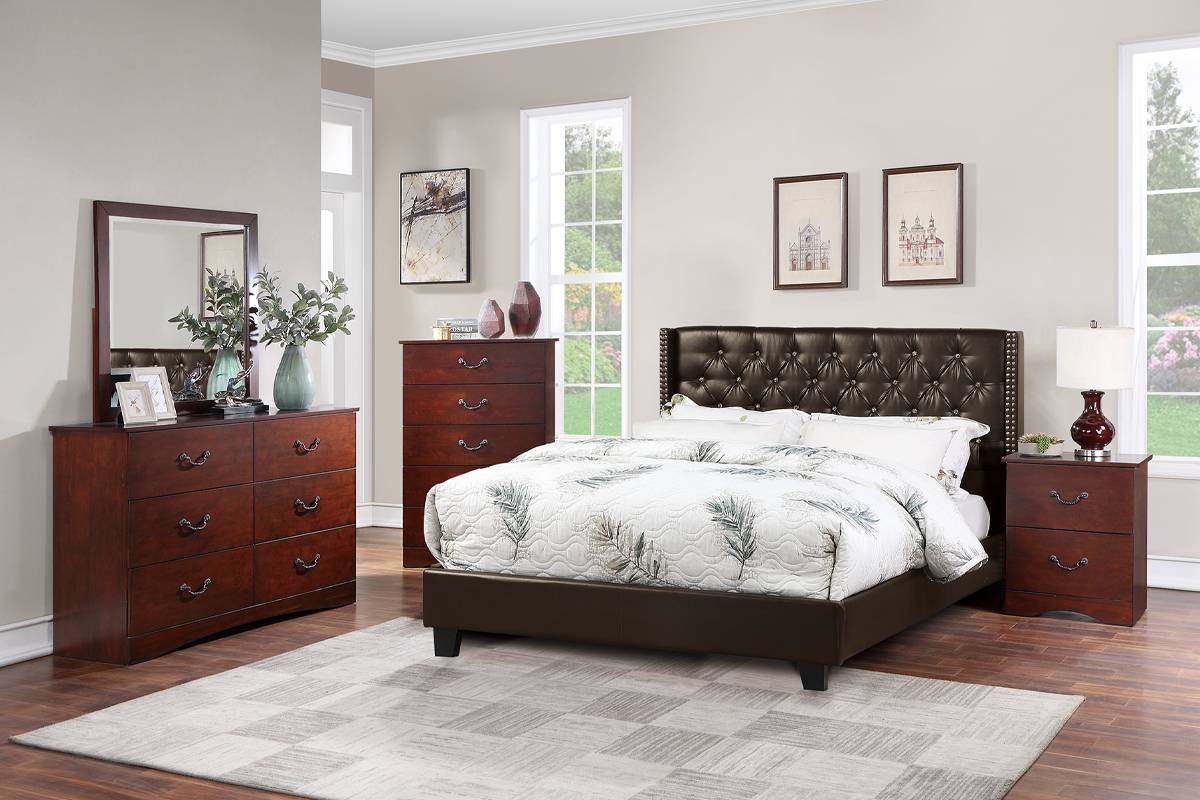 LGF9540Q Faux Expresso Brown Leather Button Tufted Headboard Bed