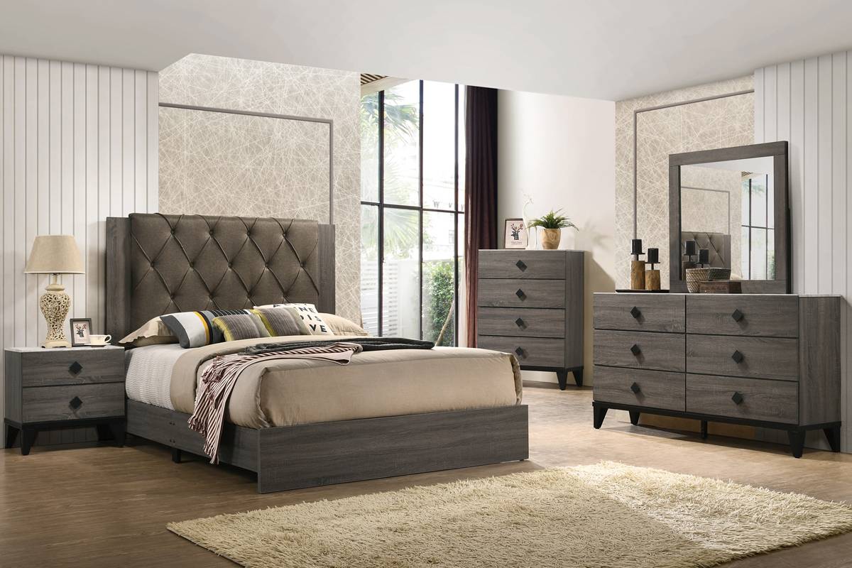 LGF9560CK Button Tufted Long Headboard Bed in Gray or Cream