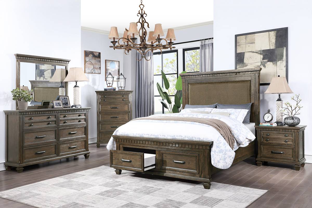 LGF956EK Rustic Carved Brown Upholstered Bed with Two Front Drawers