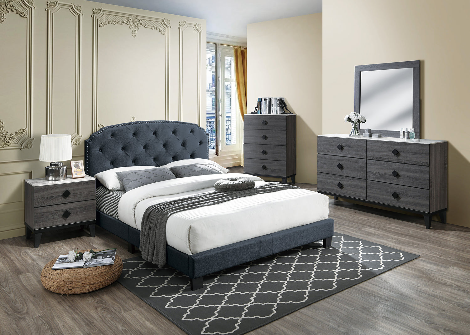 LGF9572Q Classic European Rounded Button Tufted Headboard Queen Bed - Available in 3 Colors