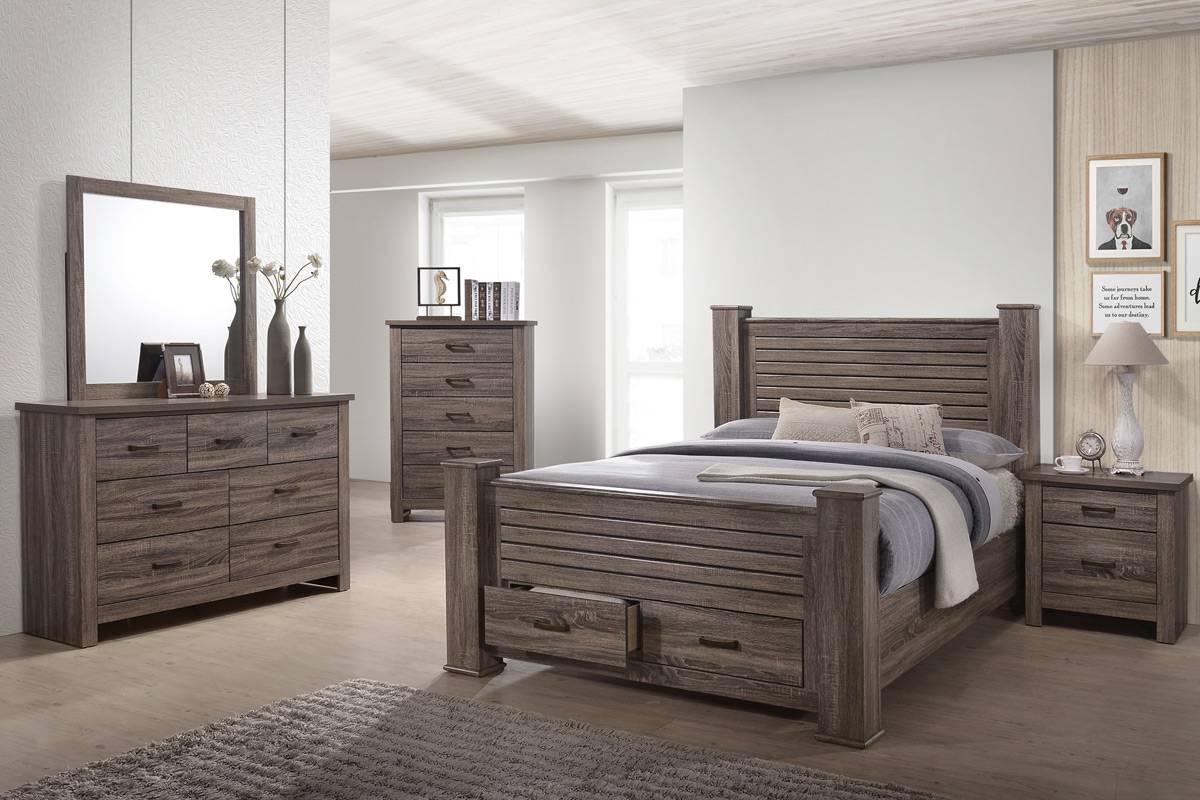 LGF9575CK Rustic Horizontal Carved Headboard Brown Bed With 2 Front Drawers