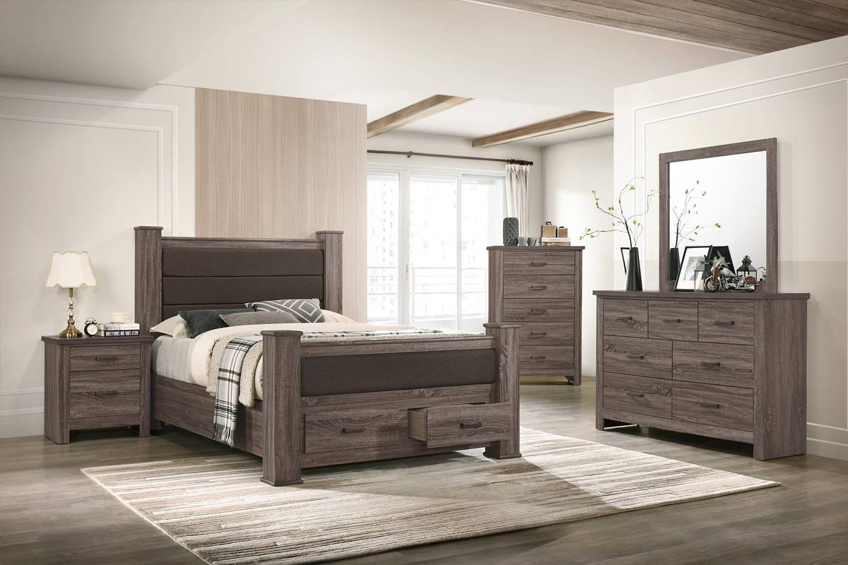 LGF9576CK Elegant Rustic Upholstered Headboard Brown Wood Bed With 2 Front Drawers