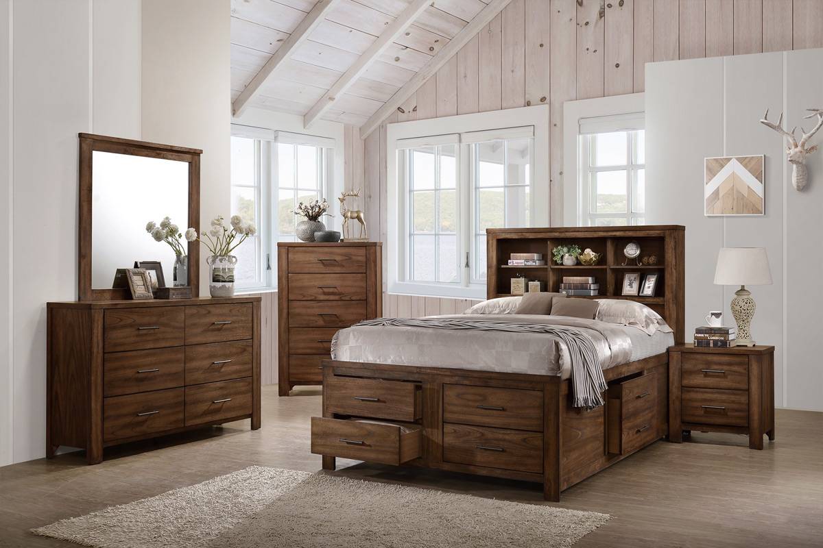 LGF9577CK Elegant Rustic Shelving Headboard Brown Bed With Drawers