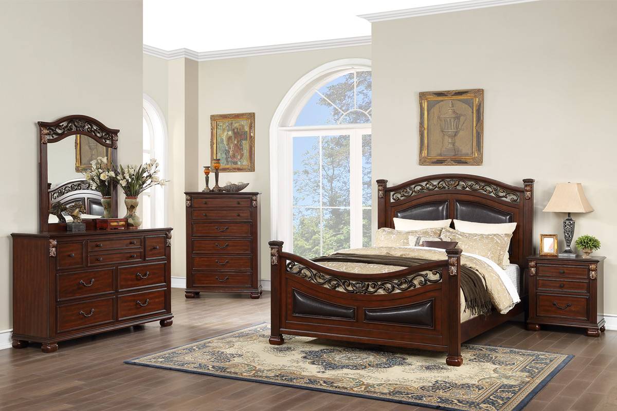 LG9585CK Colonial Style Brown Wood Bed With Black Tufted Accent