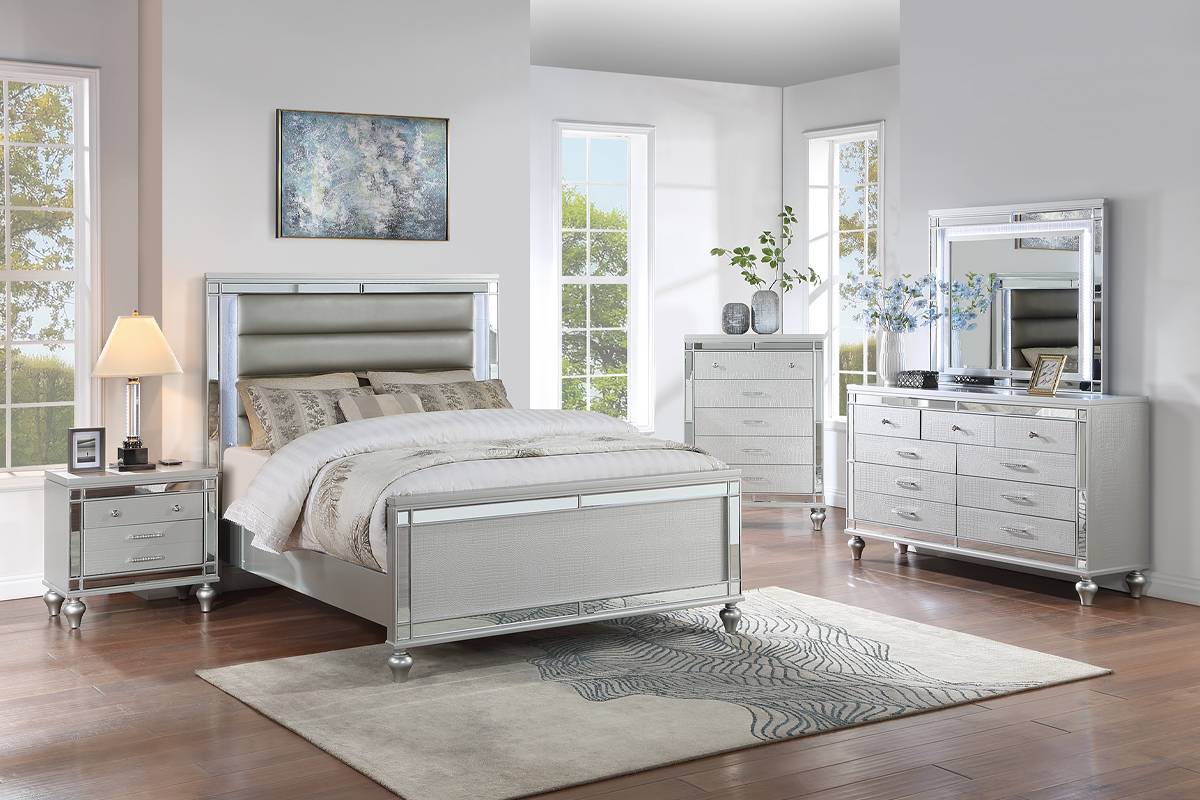 LGF9645EK Mirrored Faux Leather Silver Horizontal Lines Headboard Bed