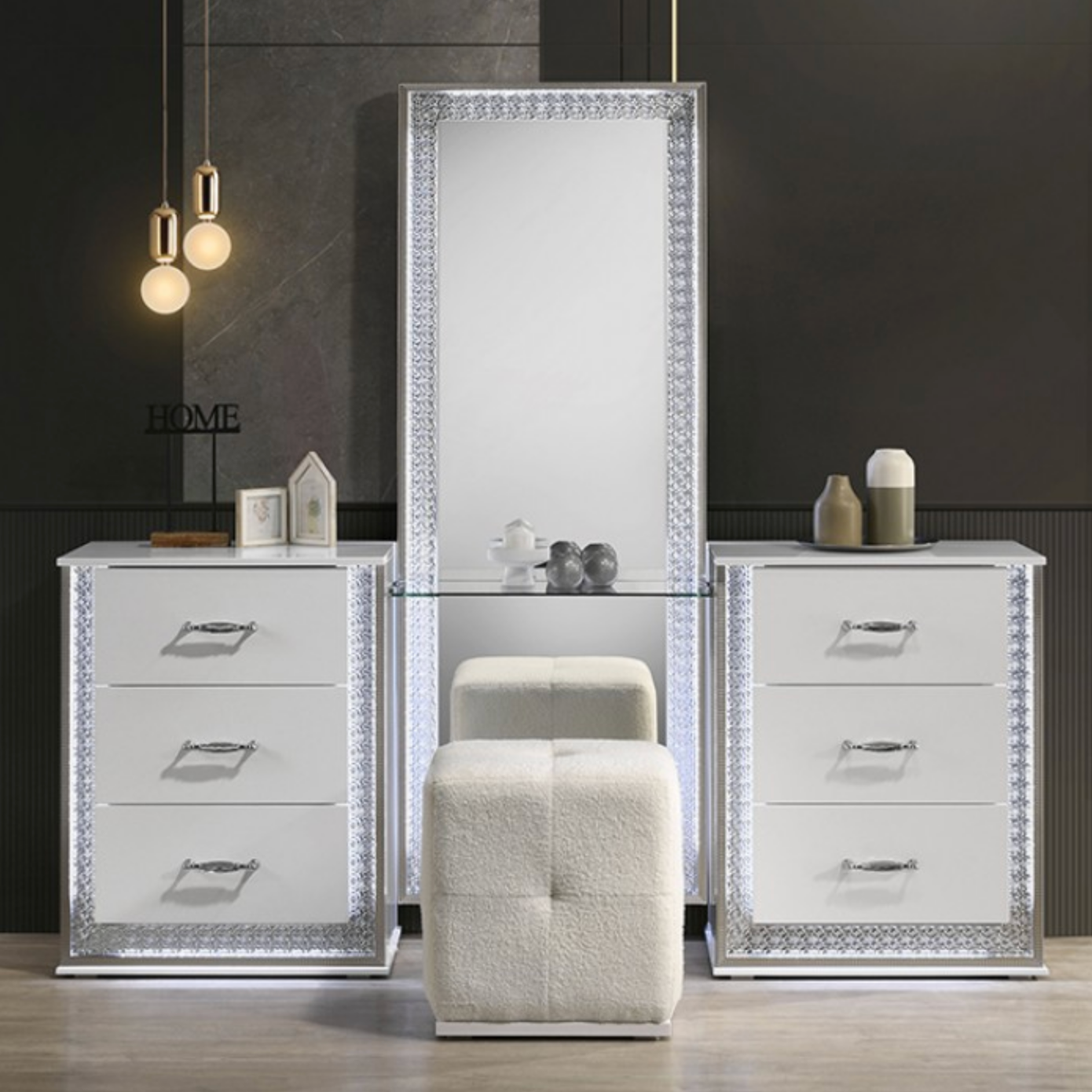 LGFAHAZELINE Crystal Design White Vanity Set With Glass Top and Full Length Mirror