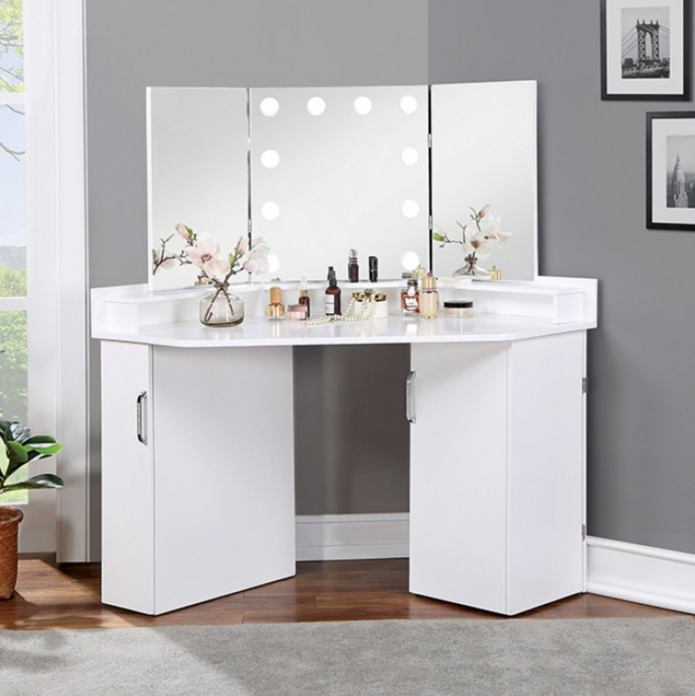 LGFALORYBELLE Tri-Fold Mirror White Rounded Corner Vanity