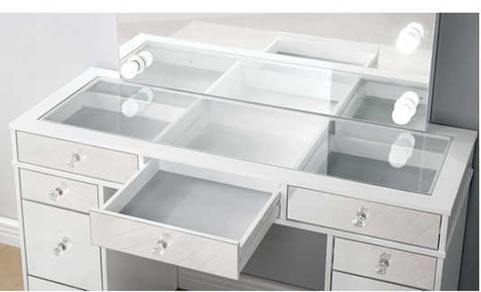 LGFAMARGRET White Vanity With 9 Mirrored Drawers and Hollywood Style Mirror