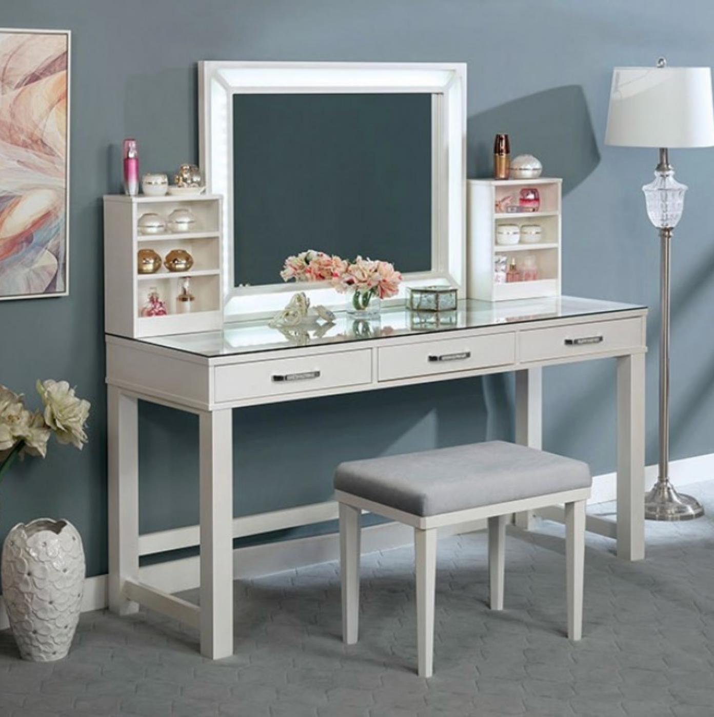 LAFASTEPHANIE Side Shelf White Vanity With Lighted Mirror and Stool- Available in 2 Colors