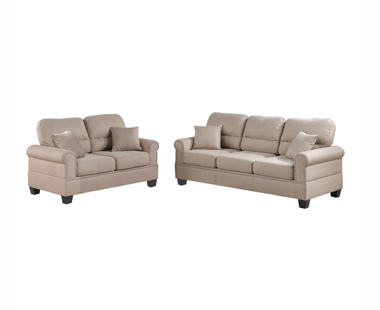 LGPF7879 Sand Color Linen Like Fabric Nickel Button Finish Sofa Set