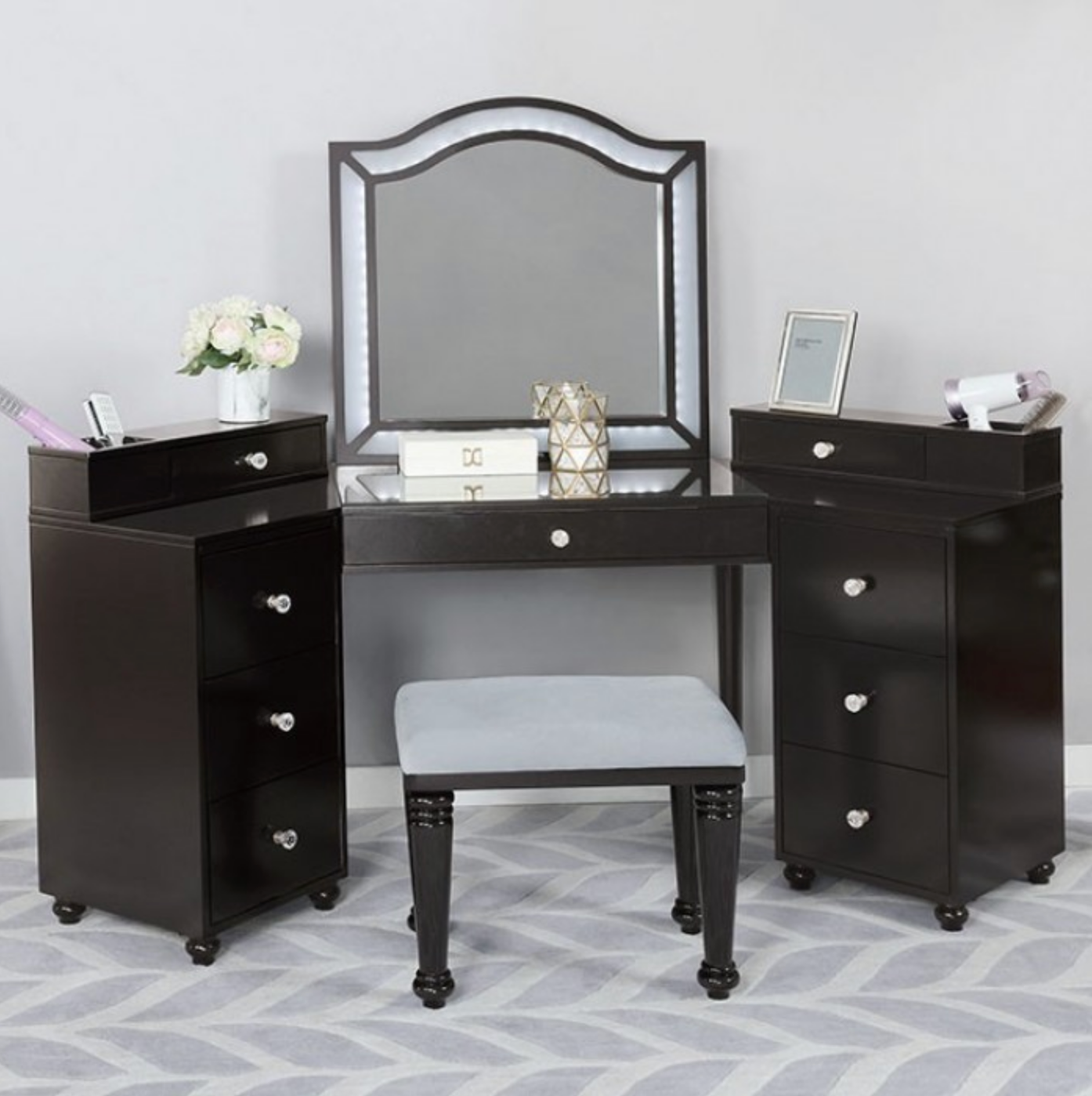 LGFATRACIE Tri Section Brown Vanity Set With Lighted Mirror and Stool