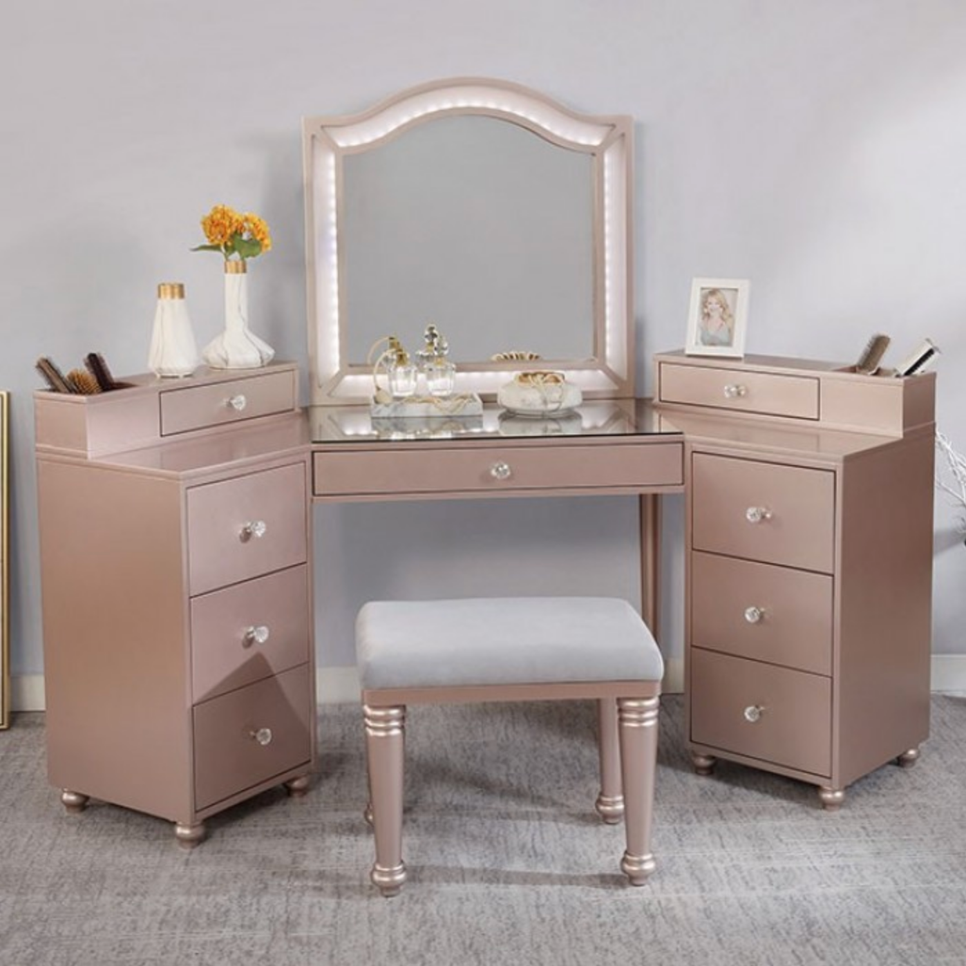 LGFATRACIE Tri Section Rose Gold Vanity Set With Lighted Mirror and Stool