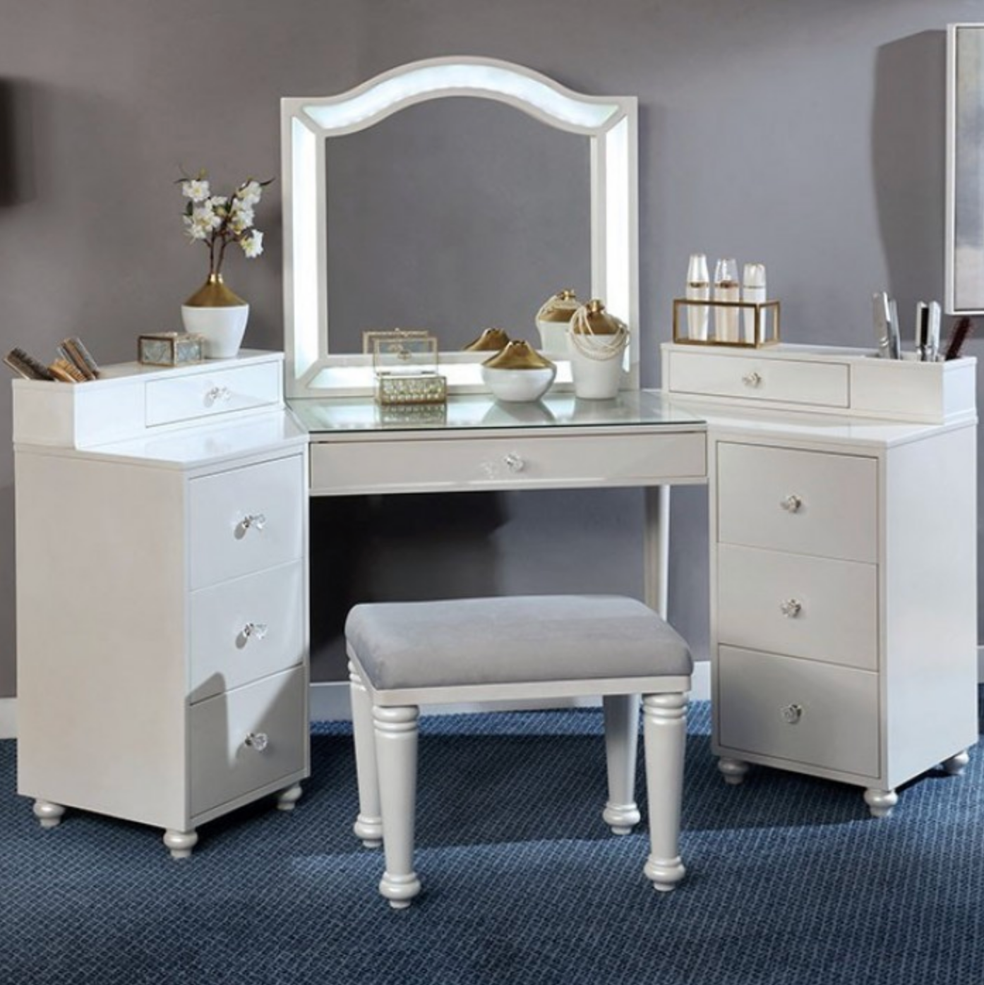 LGFATRACIE Tri Section White Vanity Set With Lighted Mirror and Stool