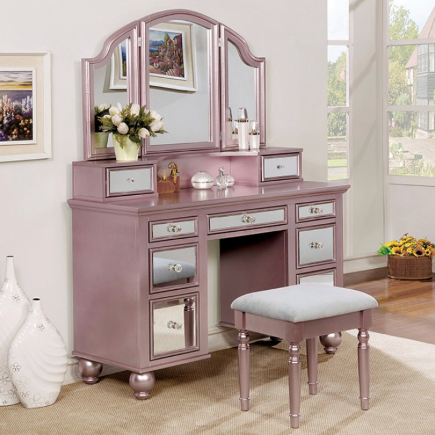 LGFATRACY Tri-Fold Metallic Pink 7 Drawers Vanity Set- 3 Colors Available