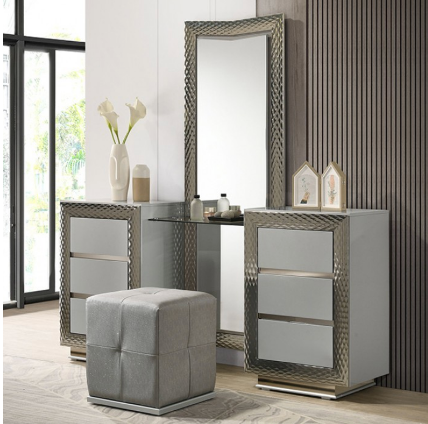 LGFAVENTNOR Gray Vanity Glass Top Chevron Pattern Set With LED Mirror