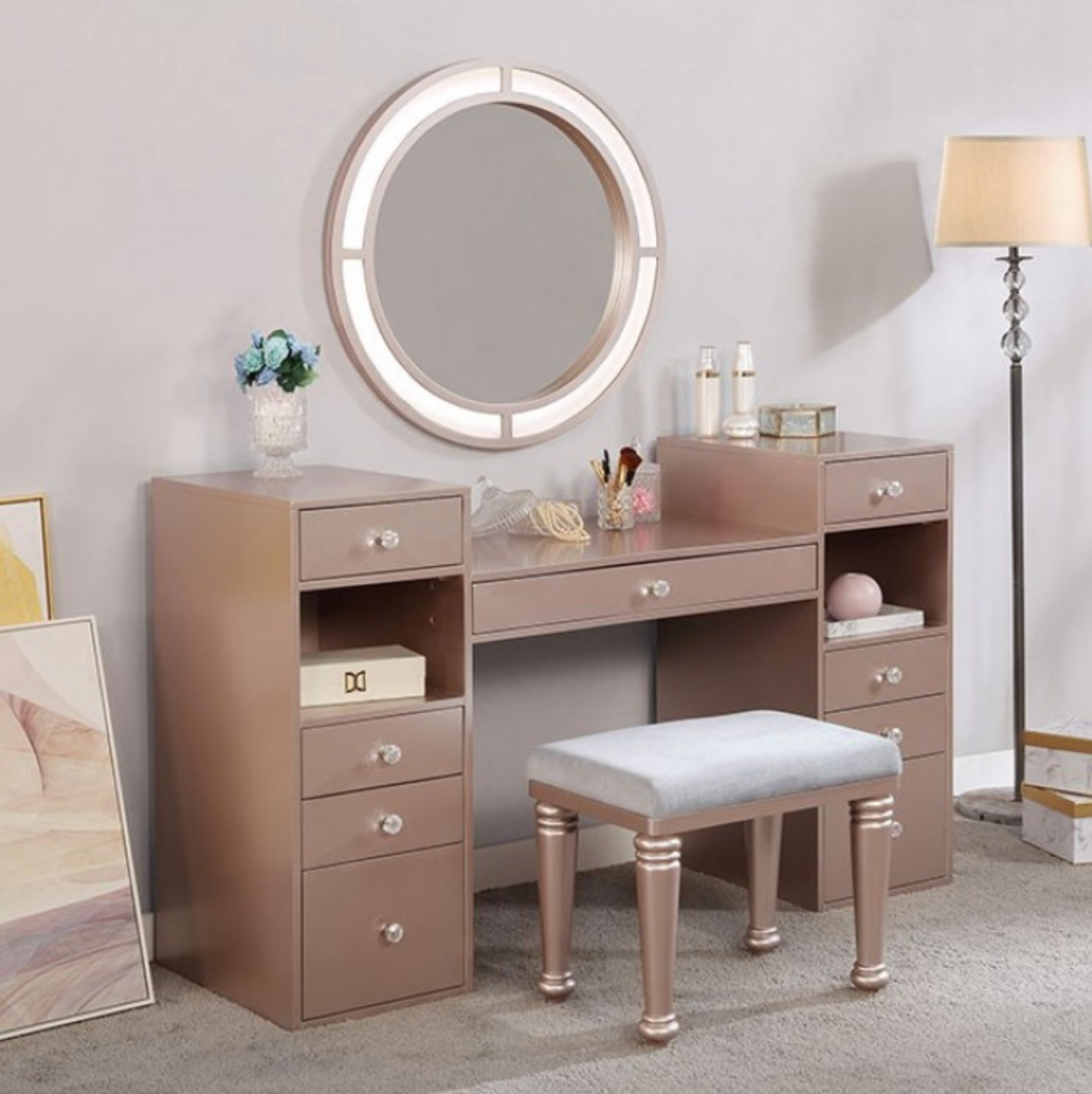 LGFAYASMINE Pink Vanity Set With 2 Shelves 9 Drawers And A Stool -Available in 2 Colors